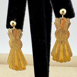 14K All Gold 1980's Dangle Drop Art Deco Earrings